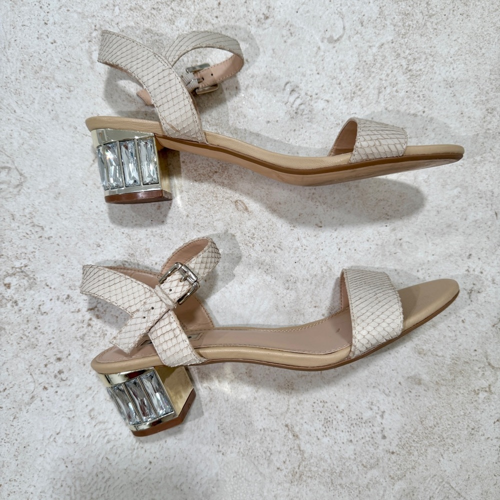 Dune London Crystal Block Nude Heel Leather Sandal Size 9 - Quiet Luxury - Picture 9 of 17